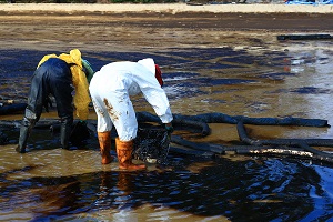 Professional team and volunteer wearing PPE clean up dirty of oil spill on the beach, oil slick washed up on a sand beach