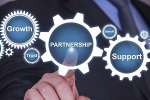 Person pointing to the word partnership within an icon of a cog