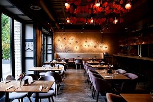 Interior of restaurant tables with dim lighting