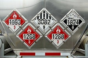 Hazmat signs on the back of a truck