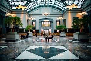 Interior lobby of fancy hotel