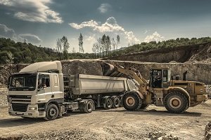 Construction vehicle loading rock into dump truck