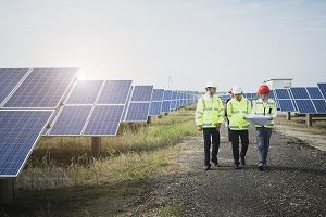 Three contractors walking through a solar farm