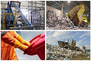 Split image with recycling center, landfill, waste disposal