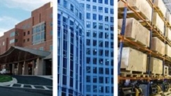 Split screen with hospital, office building, and warehouse