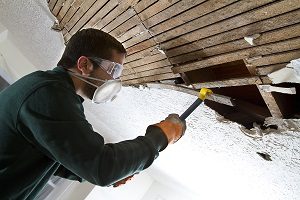 Contractor in mask breaking boards in a ceiling