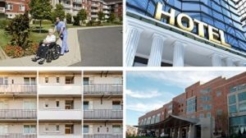 Split image with hotel, hospital, apartment, and office building