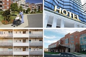 Split image with hotel, hospital, apartment, and office building