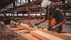 Man in gloves and hardhat cutting wood