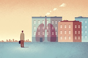 Indoor air quality illustration. Man standing in front of a building with lungs