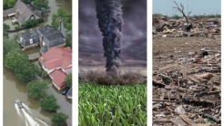 Split image of natural disasters; flood, tornado, and hurricane