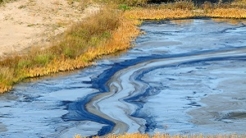 Oil spill in water, reaching the shore