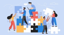 People searching for creative solutions. Teamwork business concept. Modern vector illustration of people connecting puzzle elements