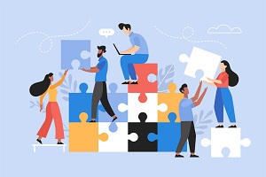 People searching for creative solutions. Teamwork business concept. Modern vector illustration of people connecting puzzle elements