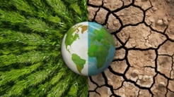 A conceptual image of Earth with one half showing lush greenery and the other half showing dry, cracked soil, representing environmental contrast.