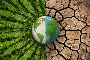 A conceptual image of Earth with one half showing lush greenery and the other half showing dry, cracked soil, representing environmental contrast.