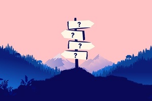 Illustration mountains against a pink sky with question mark signs