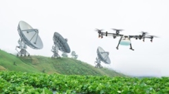 Satellite for agriculture with drone fly to spray fertilizer on the strawberry fields, Technology smart farm concept